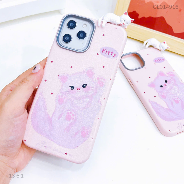 Ốp IP 13 6.1 dẻo vân sần mèo hồng chữ Kitty