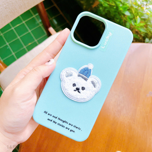 Ốp IP 14 Plus dẻo vân sần Lucky đính gấu