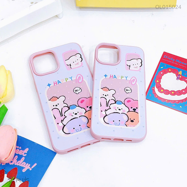 Ốp IP 14 Plus dẻo vân sần nhiều gấu Happy