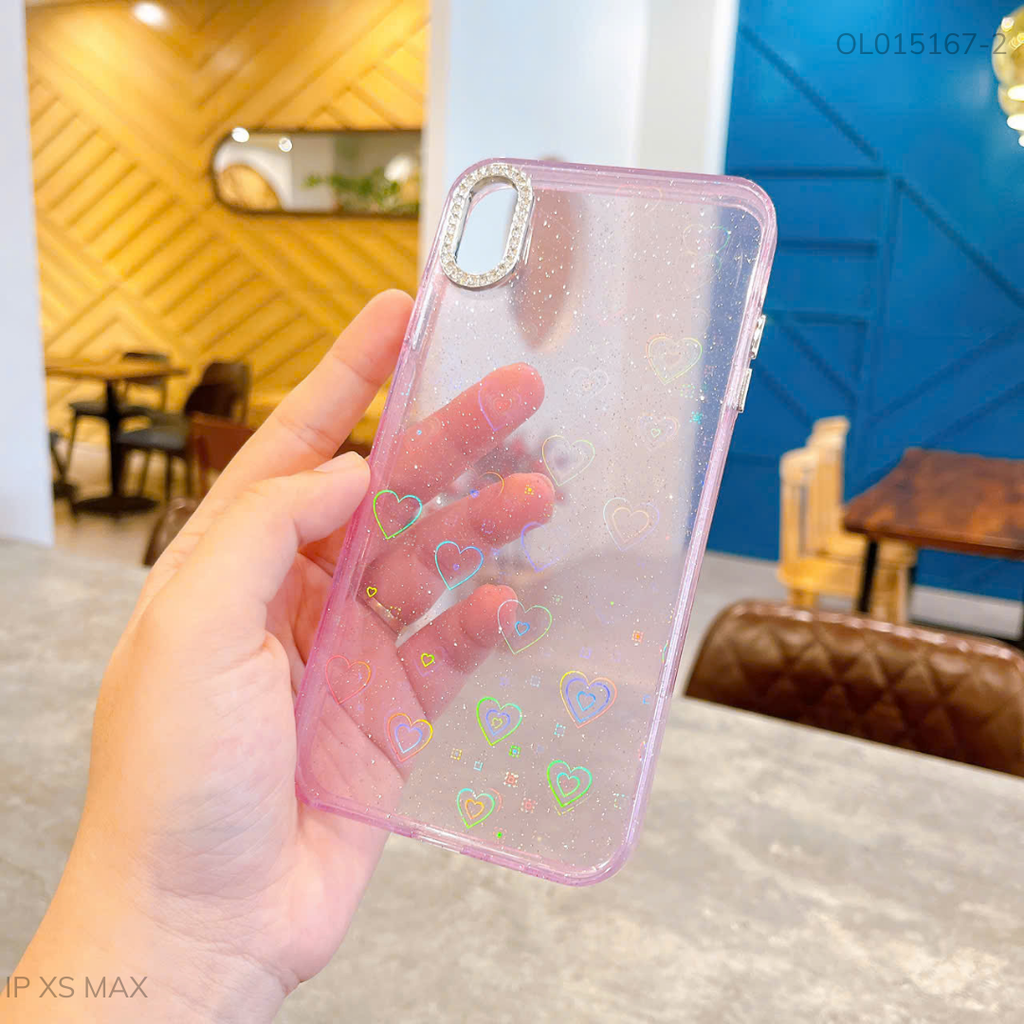 ** Ốp iPhone Xs Max lưng cứng vân nhũ khắc tim laze