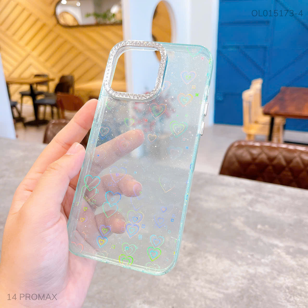 Ốp IP 14 Pro Max lưng cứng vân nhũ khắc tim laze