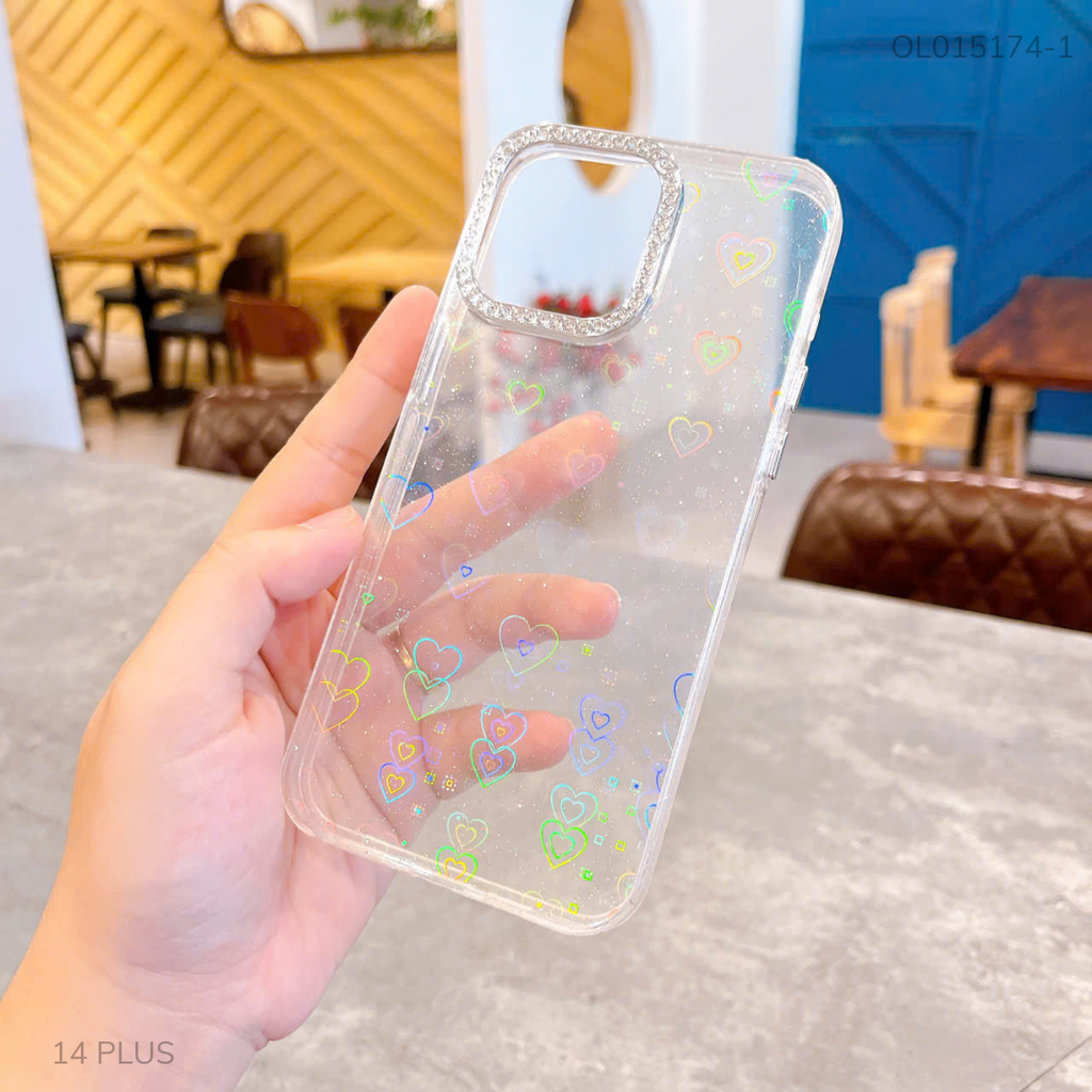 Ốp IP 14 Plus lưng cứng vân nhũ khắc tim laze