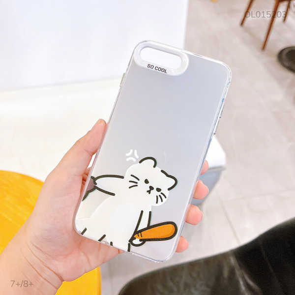 Ốp iPhone 7+/8+ tráng bạc mèo trắng cầm gậy