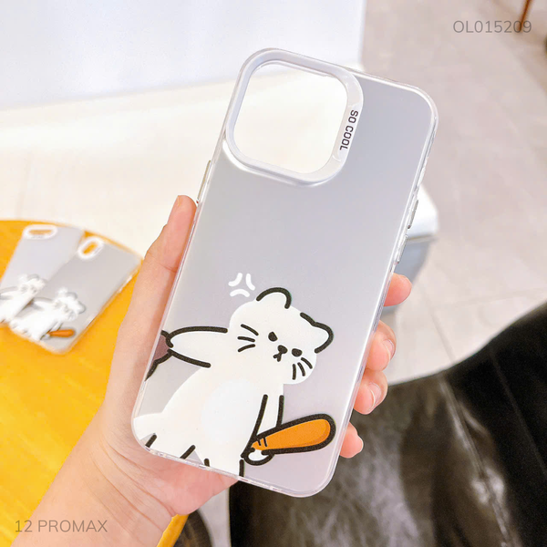Ốp IP 12 Pro Max tráng bạc mèo trắng cầm gậy