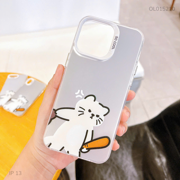 Ốp IP 13 6.1 tráng bạc mèo trắng cầm gậy