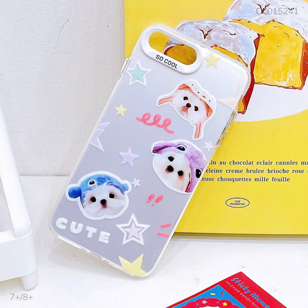 Ốp iPhone 7+/8+ tráng bạc in 3 cún đội nón Cute