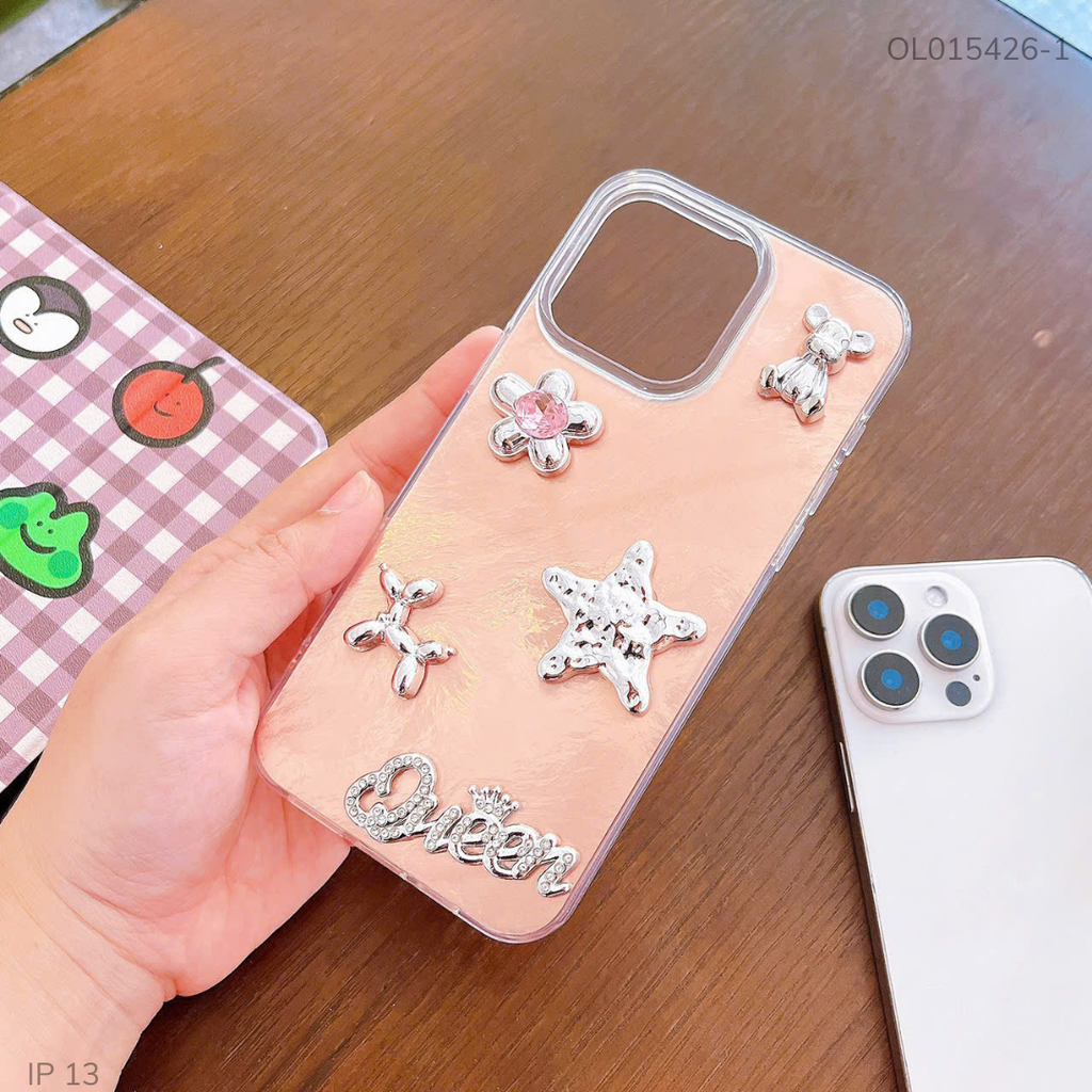 ** Ốp iPhone 13 6.1 vân đá nâu đính Charm