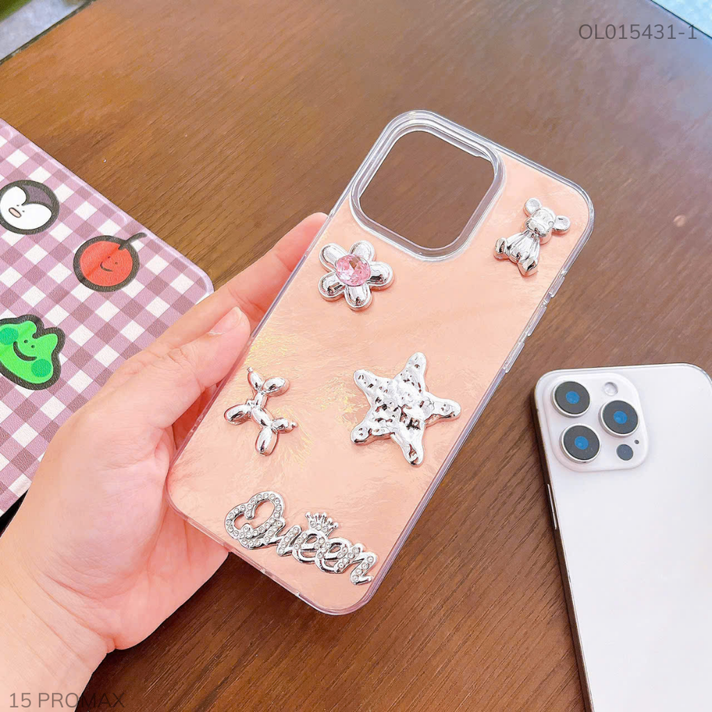Ốp IP 15 Pro Max vân đá nâu đính Charm