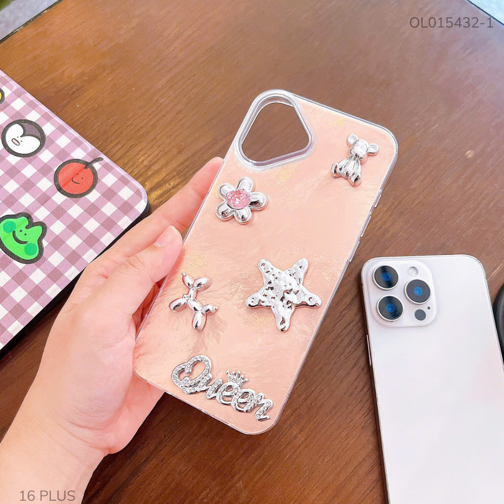 Ốp IP 16 Plus vân đá nâu đính Charm