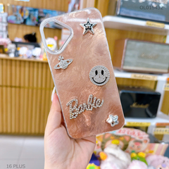 Ốp IP 16 Plus vân đá nâu đính Charm