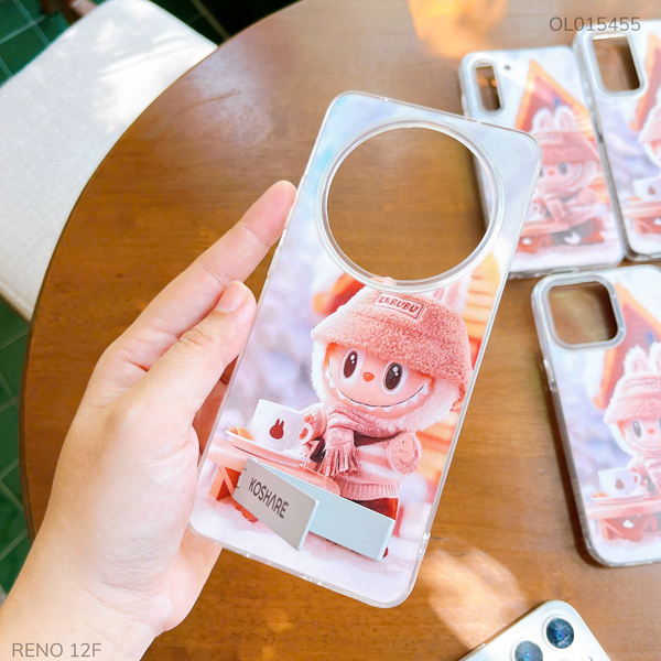 Ốp Reno 12F lưng cứng in Labubu giá đỡ