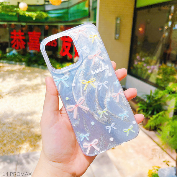 Ốp IP 14 Pro Max dẻo đệm vân ánh sóng nhiều nơ màu