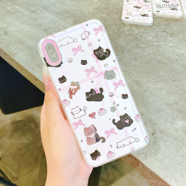 ** Ốp IP X dẻo in nhiều mèo nơ hồng bảo vệ Camera