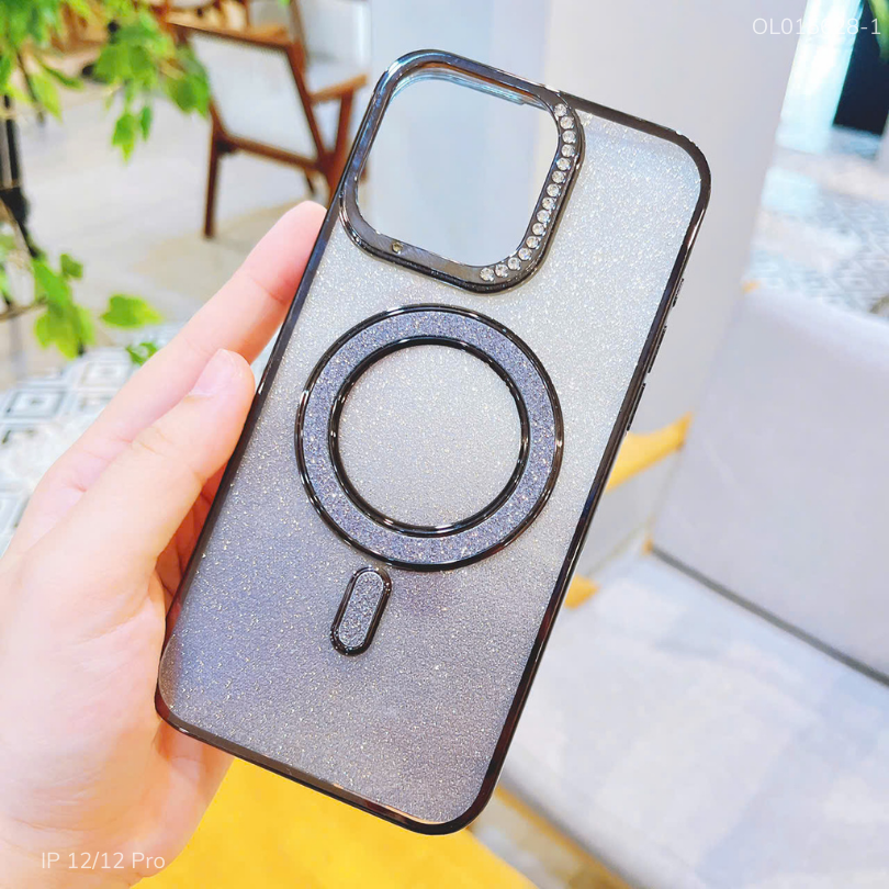 ** Ốp IP 12/12 Pro Likgus dẻo Magsafe đệm kim tuyến camera đính hạt