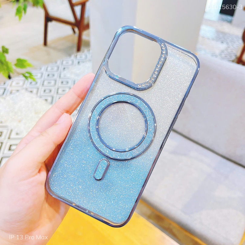 ** Ốp IP 13 Pro Max Likgus dẻo Magsafe đệm kim tuyến camera đính hạt