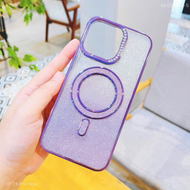 ** Ốp IP 15 Pro Max Likgus dẻo Magsafe đệm kim tuyến camera đính hạt