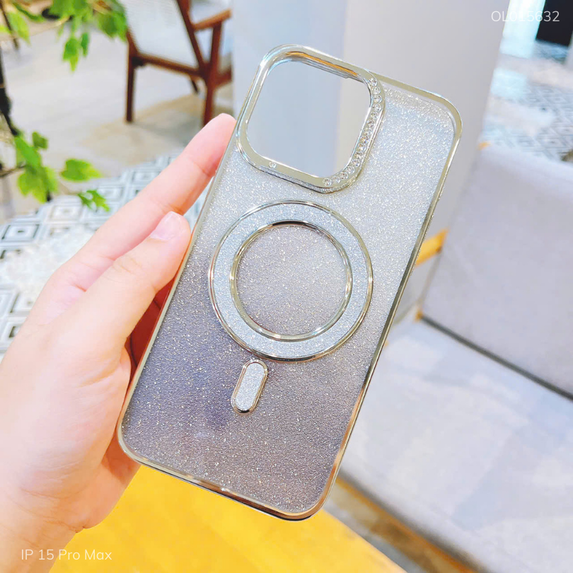 ** Ốp IP 15 Pro Max Likgus dẻo Magsafe đệm kim tuyến camera đính hạt