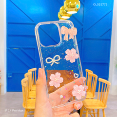 Ốp IP 14 Pro Max lưng trong cứng nhũ hoa nơ hồng