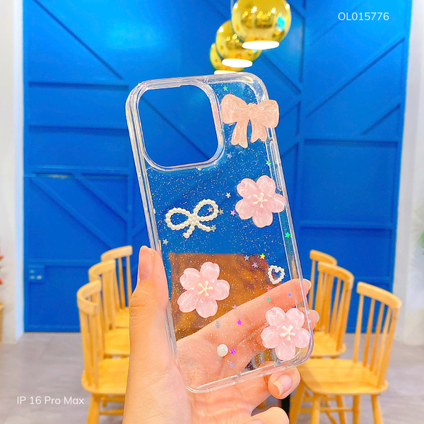 Ốp IP 16 Pro Max lưng trong cứng nhũ hoa nơ hồng
