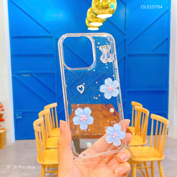 Ốp IP 16 Pro Max lưng trong cứng nhũ hoa xanh gấu trong