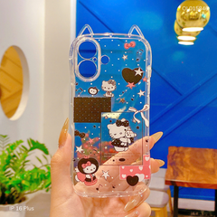 Ốp IP 16 Plus dẻo tai mèo Hello Kitty tim đen