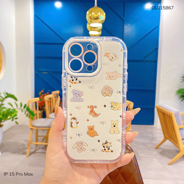 Ốp IP 15 Pro Max lưng cứng nhiều thú viền lucky