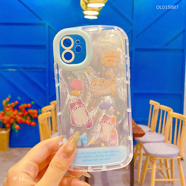Ốp IP 11 6.1 dẻo đệm vân ánh sóng 3 mèo Happy day