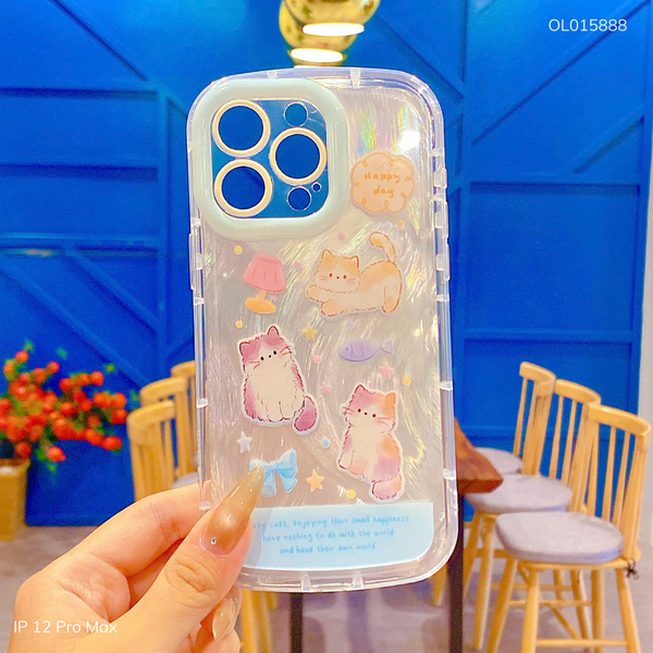 Ốp IP 12 Pro Max dẻo đệm vân ánh sóng 3 mèo Happy day