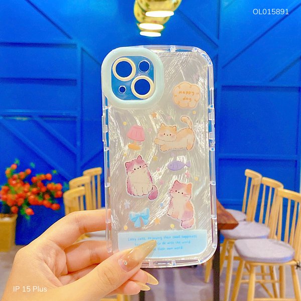 Ốp IP 15 Plus dẻo đệm vân ánh sóng 3 mèo Happy day