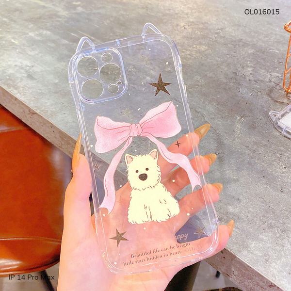 Ốp IP 14 Pro Max dẻo tai mèo cún trắng nơ hồng