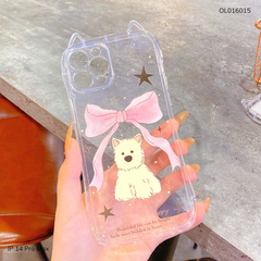 Ốp IP 14 Pro Max dẻo tai mèo cún trắng nơ hồng