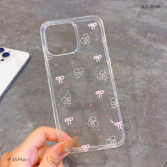 Ốp IP 15 Plus dẻo trong nhũ kim tuyến nơ hồng chấm bi đỏ