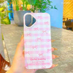 Ốp IP 16 6.1 nơ hồng kẻ ô Cute Puppy
