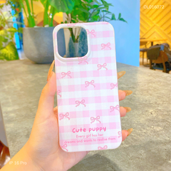 Ốp IP 16 Pro 6.3 nơ hồng kẻ ô Cute Puppy