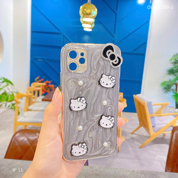 ** Ốp IP 11 6.1 nhũ đính Hello Kitty ngọc trai