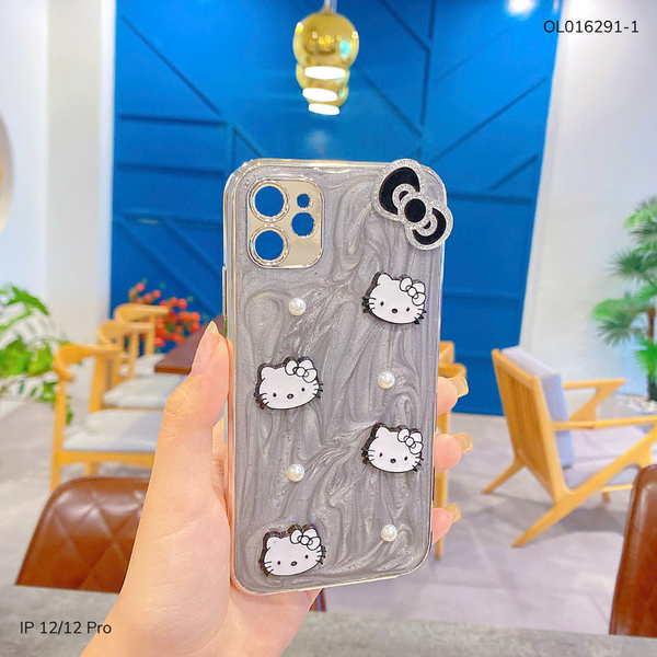 ** Ốp IP 12/12 Pro nhũ đính Hello Kitty ngọc trai