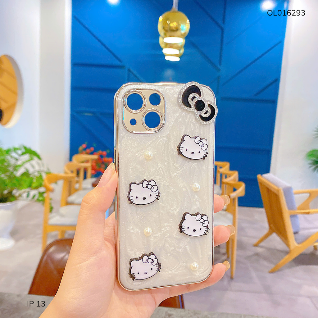 ** Ốp IP 13 6.1 nhũ đính Hello Kitty ngọc trai