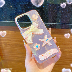 ** Ốp IP 12 Pro Max vân đá hồng đính nơ vải Sweet Kitten