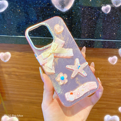 ** Ốp IP 16 Pro Max vân đá hồng đính nơ vải Sweet Kitten