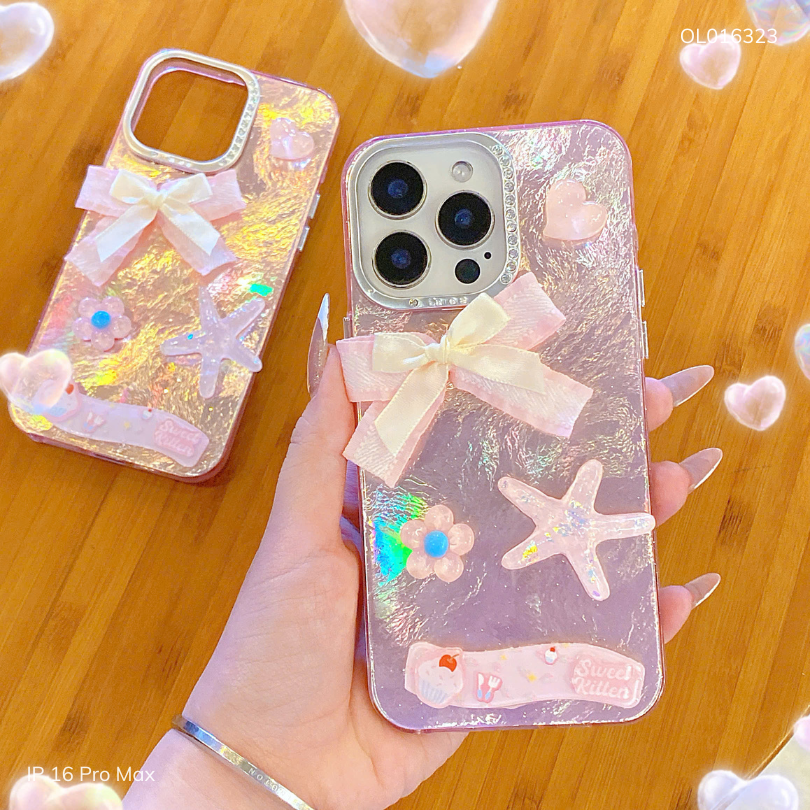 ** Ốp IP 16 Pro Max vân đá hồng đính nơ vải Sweet Kitten