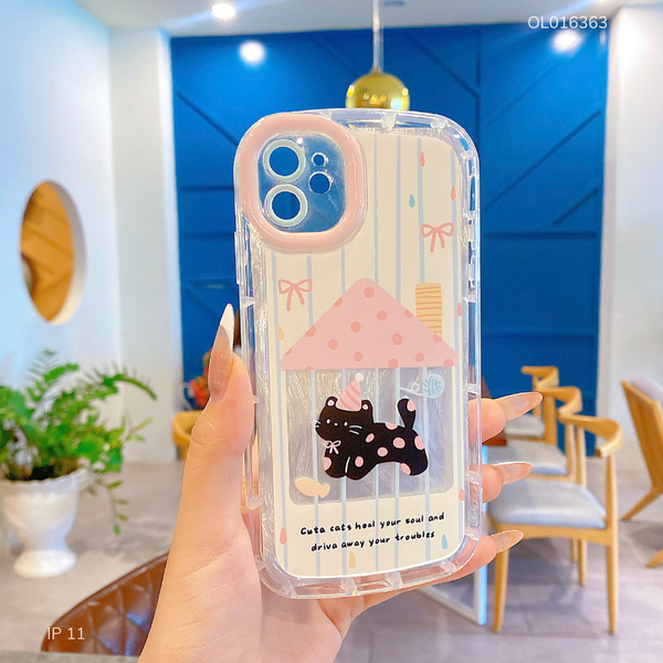 Ốp IP 11 6.1 dẻo trong in mèo đen chấm bi hồng