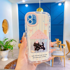 Ốp IP 11 6.1 dẻo trong in mèo đen chấm bi hồng