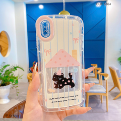 Ốp IP Xs Max dẻo trong in mèo đen chấm bi hồng