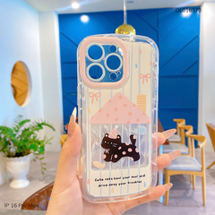 Ốp IP 16 Pro Max dẻo trong in mèo đen chấm bi hồng