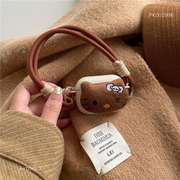 ** Case Airpods 3 dẻo đính Kitty nâu kèm dây đeo
