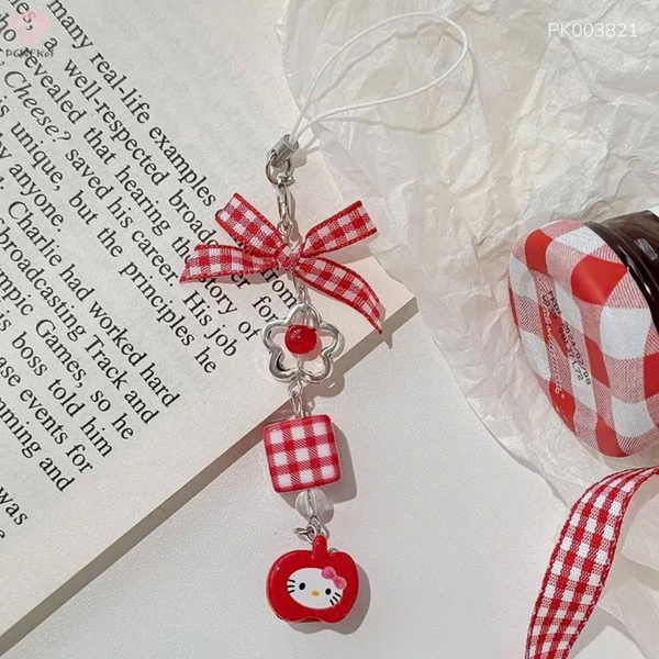 ** Dây đeo điện thoại mặt Kitty nơ đỏ sọc caro