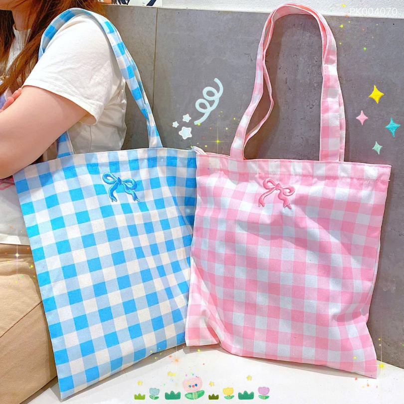 ** Túi vải đeo vai nơ sọc caro