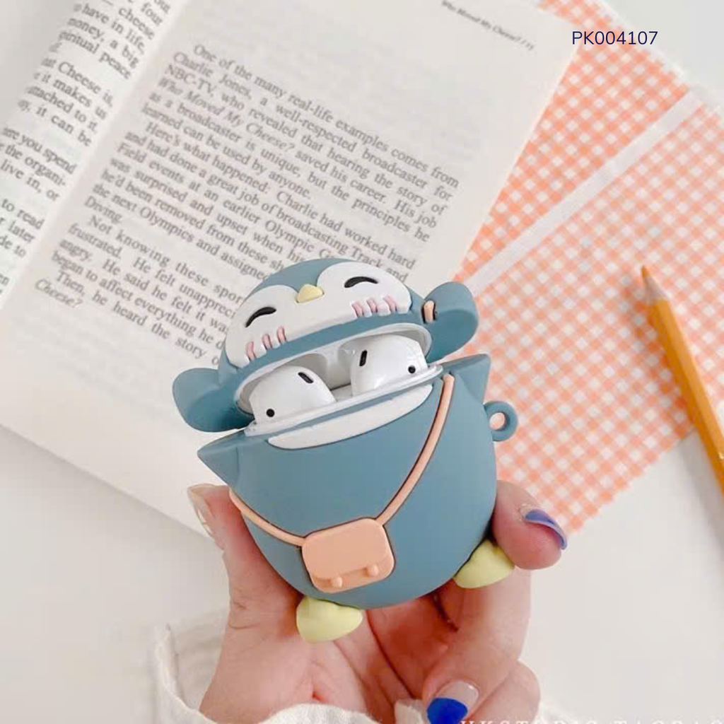 ** Case Airpods 1/2 silicon chim xanh đeo túi hồng