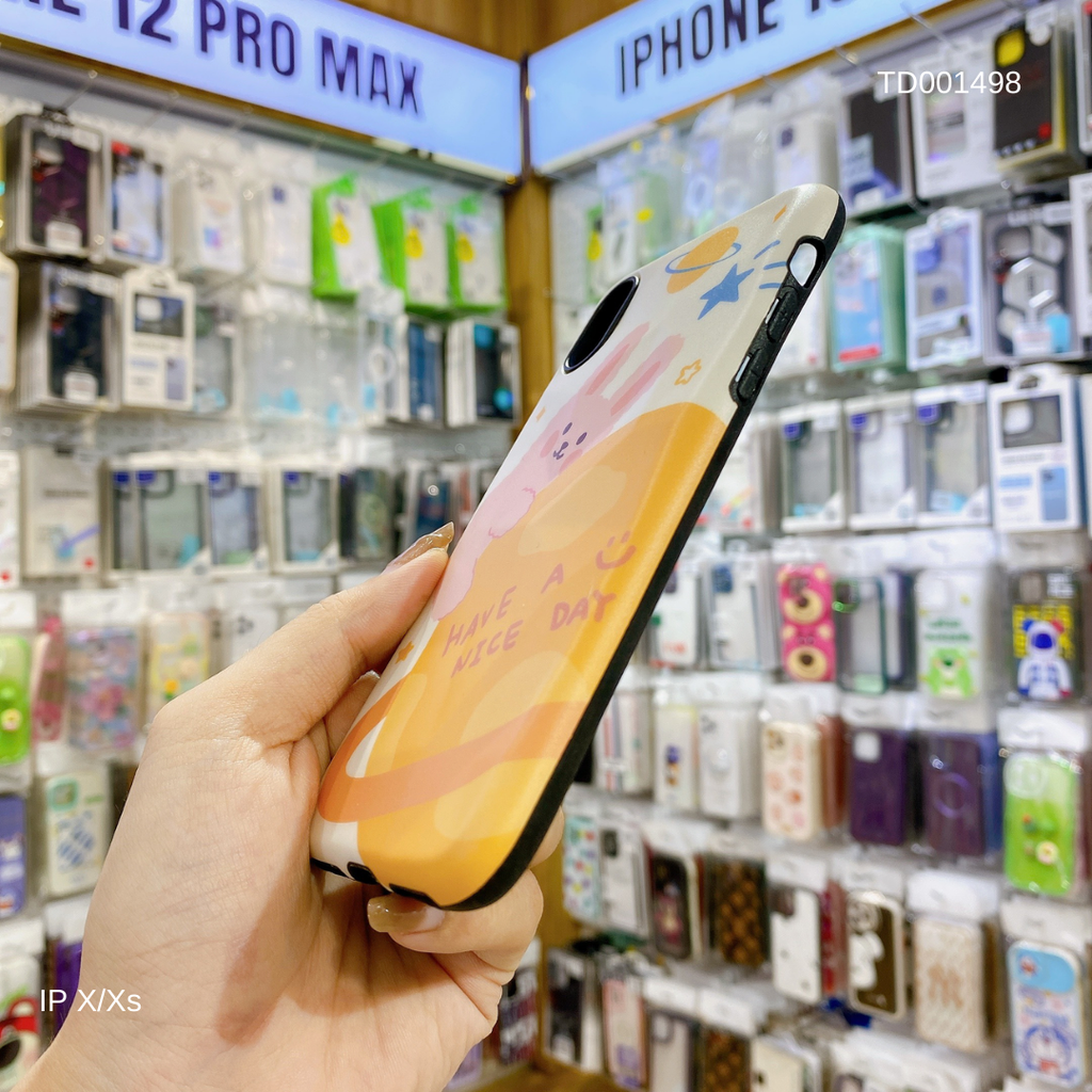 Ốp IP X Gấu - Thỏ ôm trái đất have a nice day vân gồ ghề
