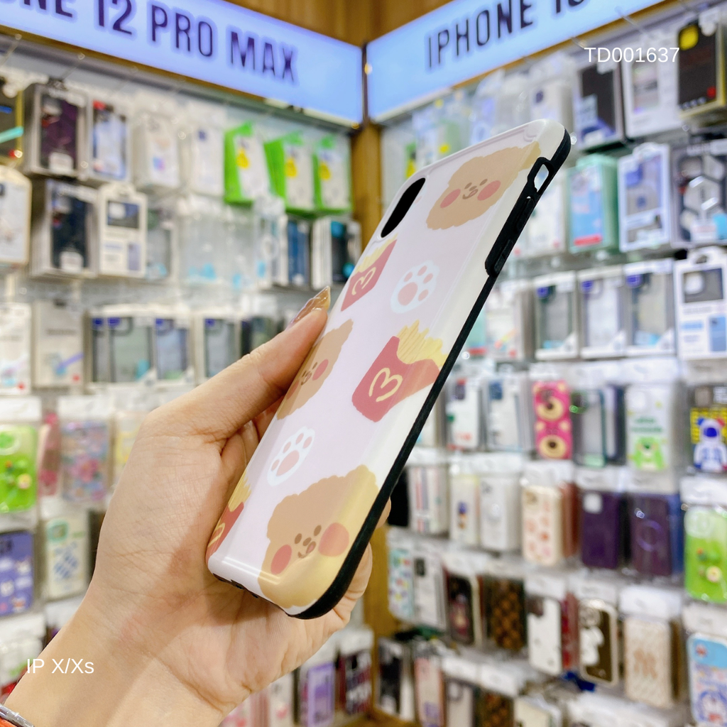 Ốp IP X Face Gấu-Khoai tây nền hồng viền nổi